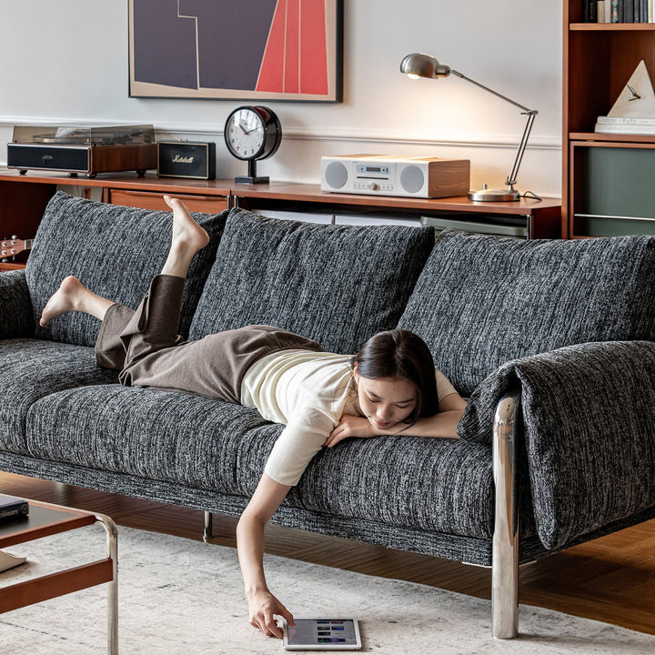Bauhaus boucle fabric 3 seater sofa song in close up details.