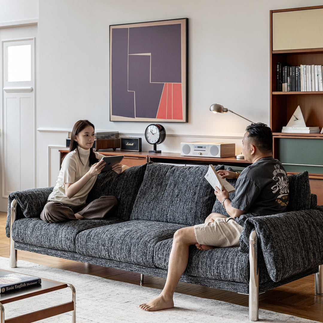 Bauhaus boucle fabric 3 seater sofa song in panoramic view.