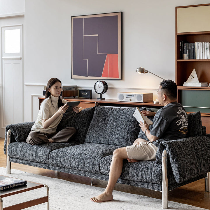 Bauhaus boucle fabric 3 seater sofa song in panoramic view.