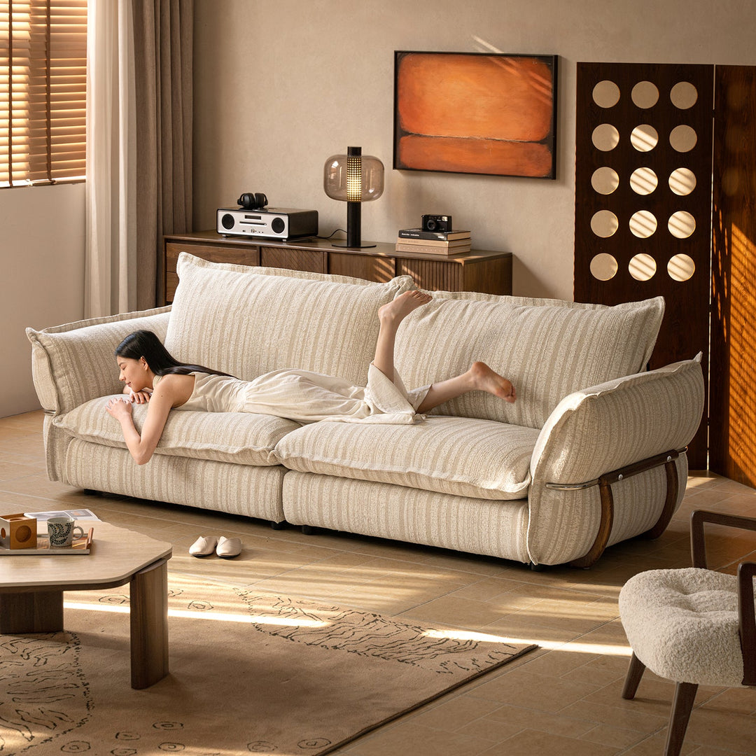 Cream boucle fabric 4 seater sofa circle material variants.