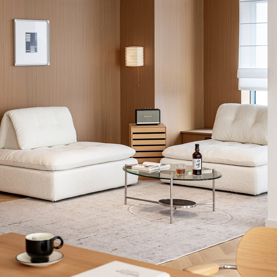Cream boucle fabric modular 1 seater sofa bloc color swatches.