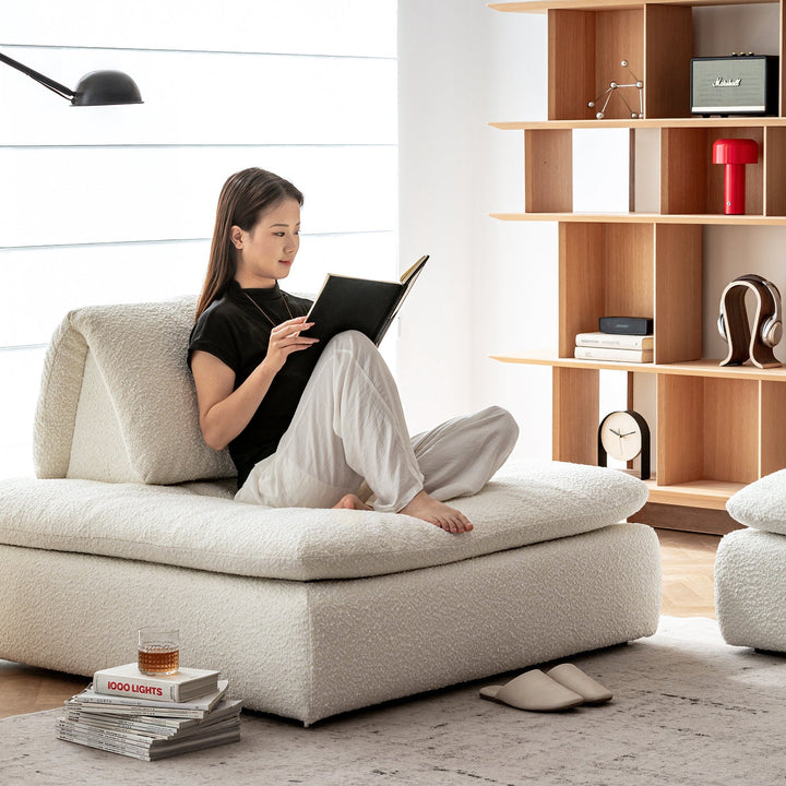 Cream boucle fabric modular 1 seater sofa bloc material variants.