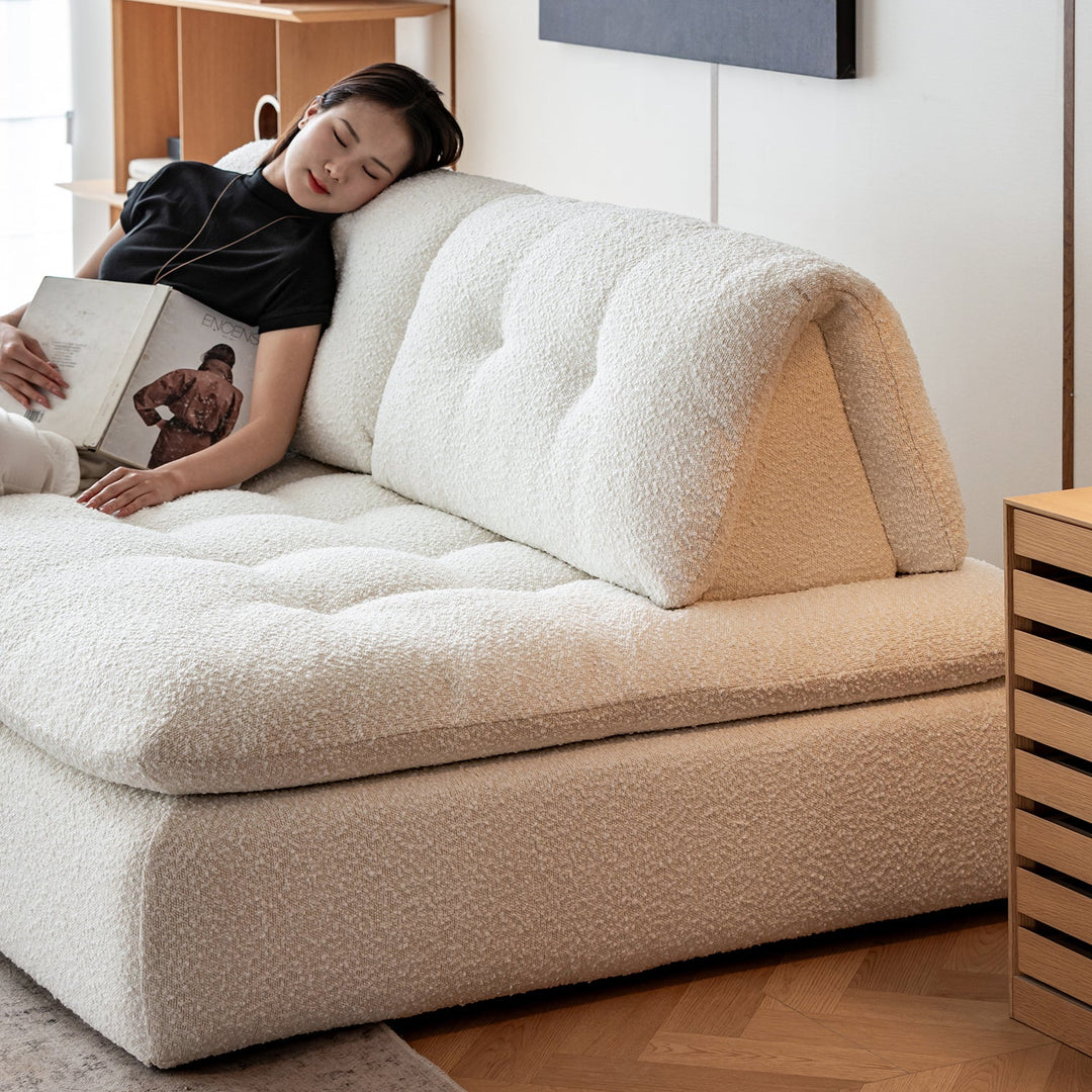 Cream boucle fabric modular 2 seater sofa couch bloc color swatches.
