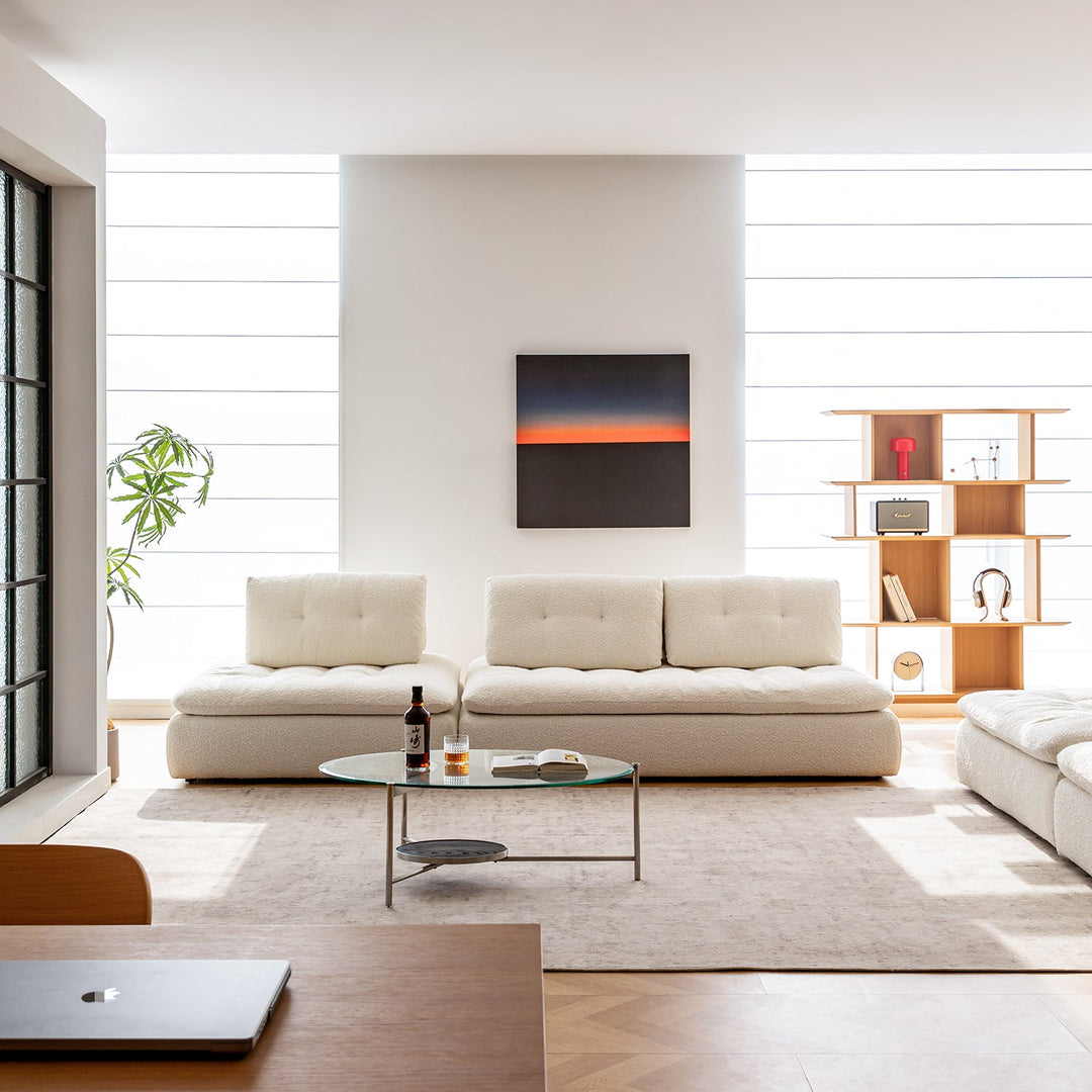 Cream boucle fabric modular 2 seater sofa couch bloc material variants.