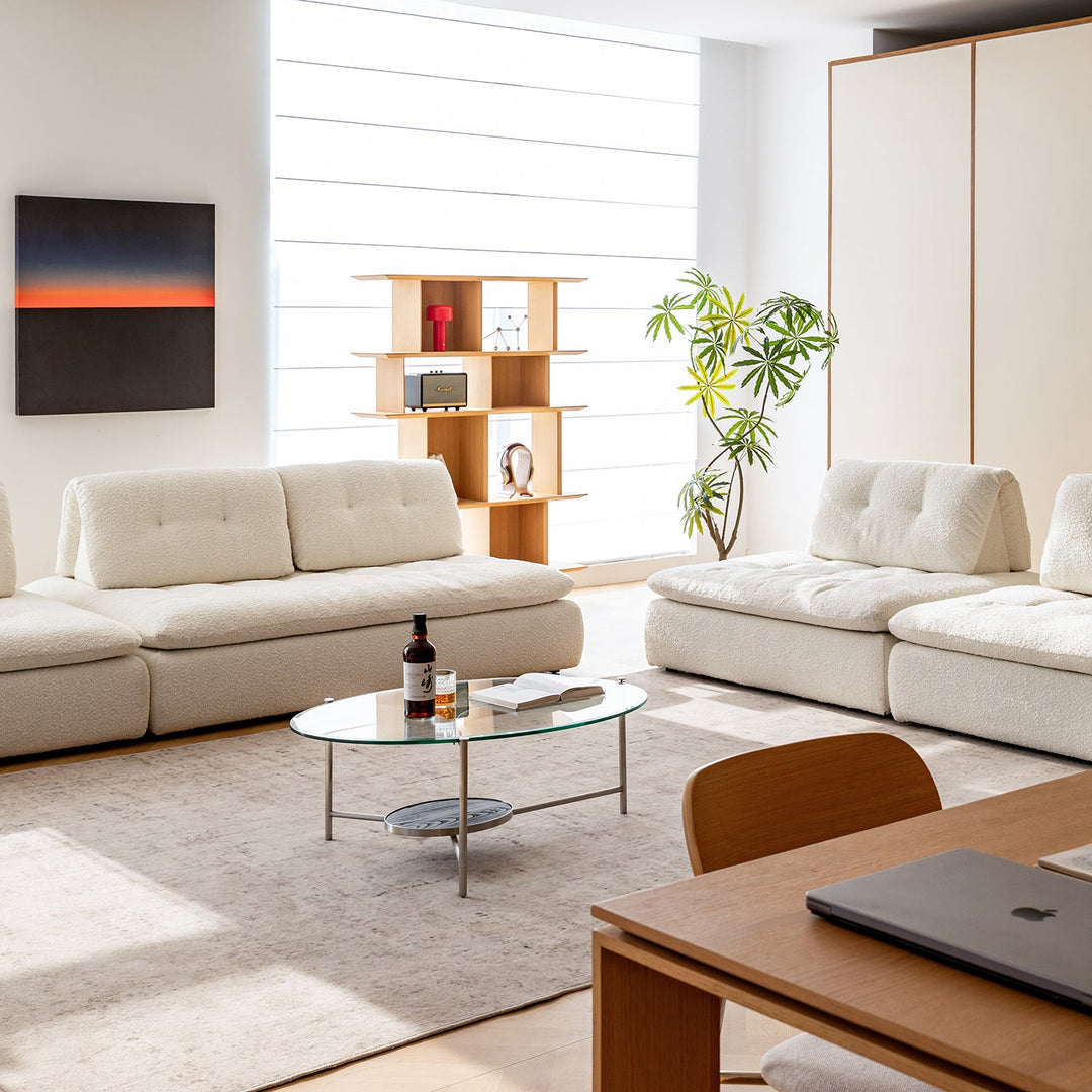 Cream boucle fabric modular 2 seater sofa couch bloc in details.
