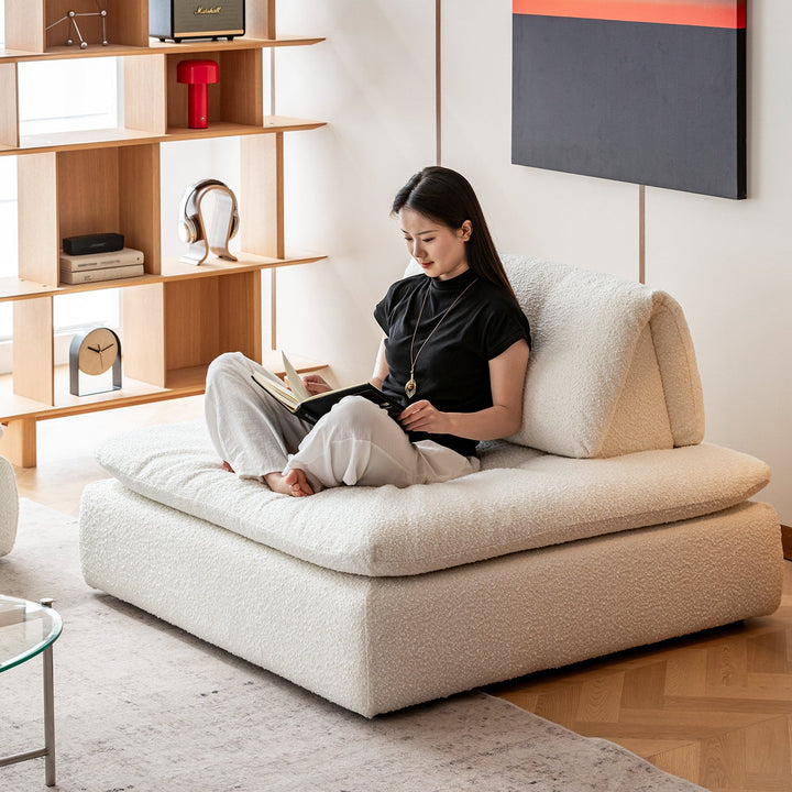 Cream boucle fabric modular 2 seater sofa couch bloc in close up details.
