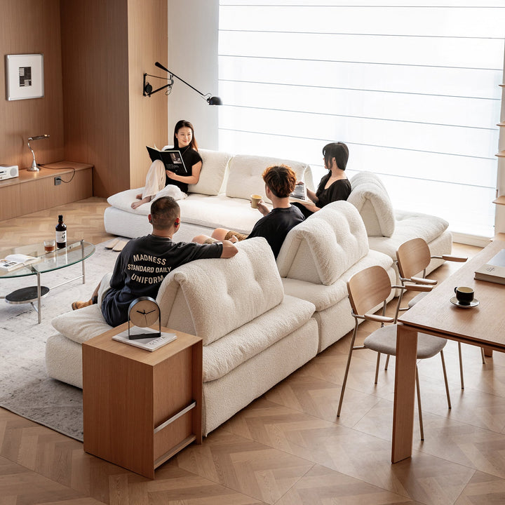 Cream boucle fabric modular 3 seater sofa couch bloc color swatches.