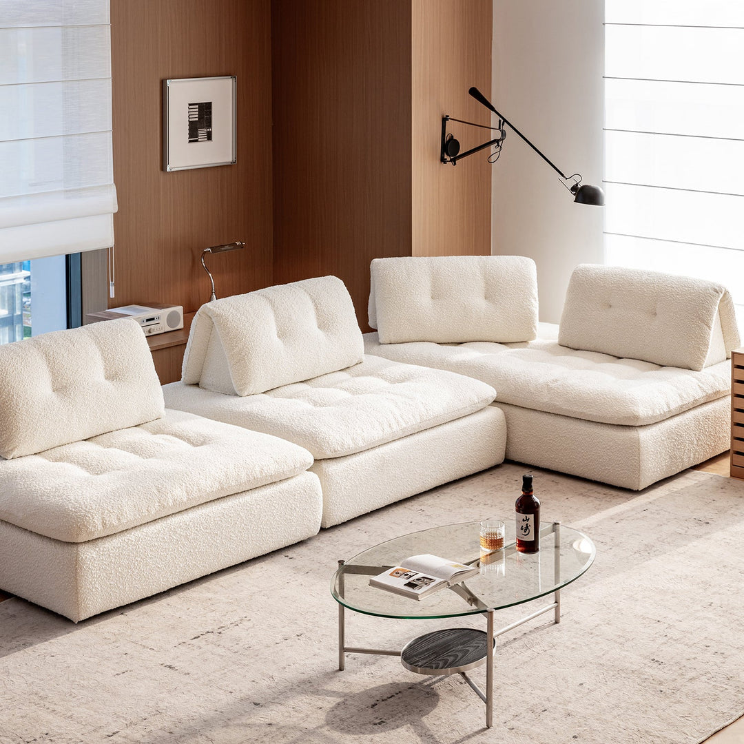 Cream boucle fabric modular 3 seater sofa couch bloc in close up details.