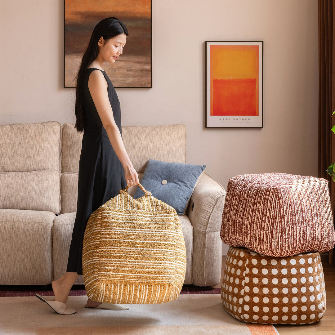 Cream boucle fabric ottoman carry size charts.