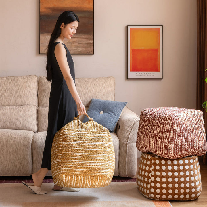 Cream boucle fabric ottoman carry size charts.