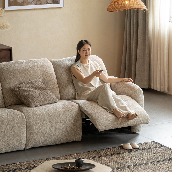 Cream chenille velvet fabric recliner 2 seater sofa mellow conceptual design.