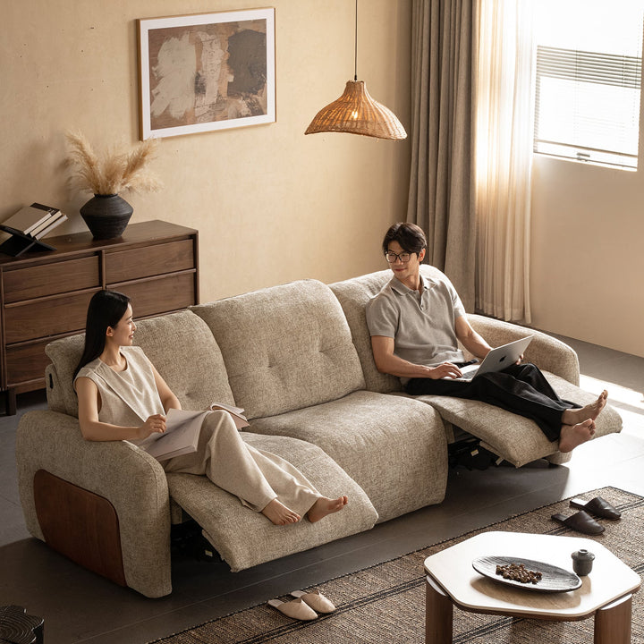 Cream chenille velvet fabric recliner 2 seater sofa mellow with context.