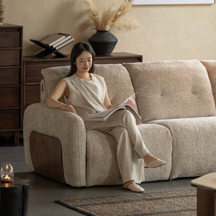 Cream chenille velvet fabric recliner 4 seater sofa mellow with context.