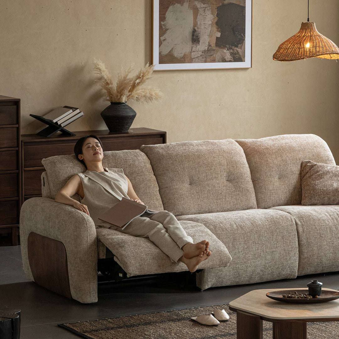 Cream chenille velvet fabric recliner 4 seater sofa mellow in still life.