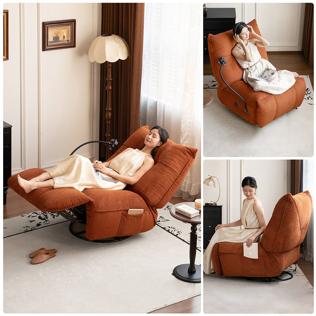 Cream corduroy velvet fabric electric recliner 1 seater sofa with phone holder chargeva in still life.
