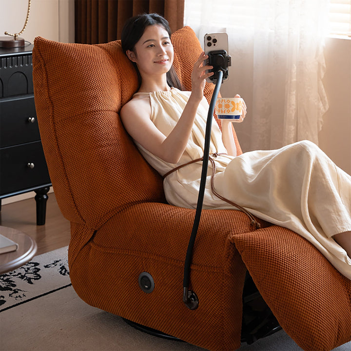 Cream corduroy velvet fabric electric recliner 1 seater sofa with phone holder chargeva in real life style.