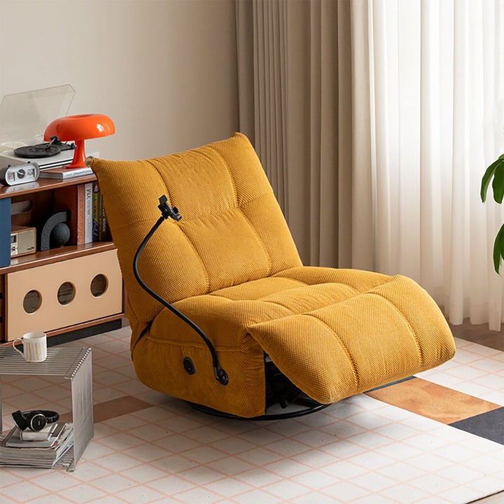 Cream corduroy velvet fabric electric recliner 1 seater sofa with phone holder chargeva in details.