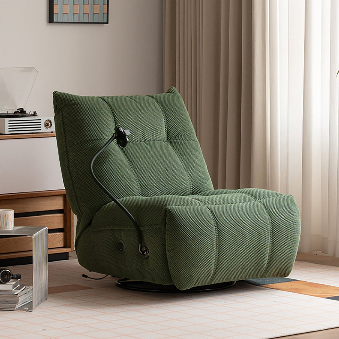 Cream corduroy velvet fabric electric recliner 1 seater sofa with phone holder chargeva in close up details.