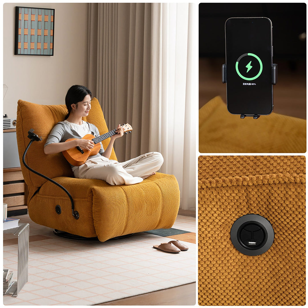 Cream corduroy velvet fabric electric recliner 1 seater sofa with phone holder chargeva in panoramic view.