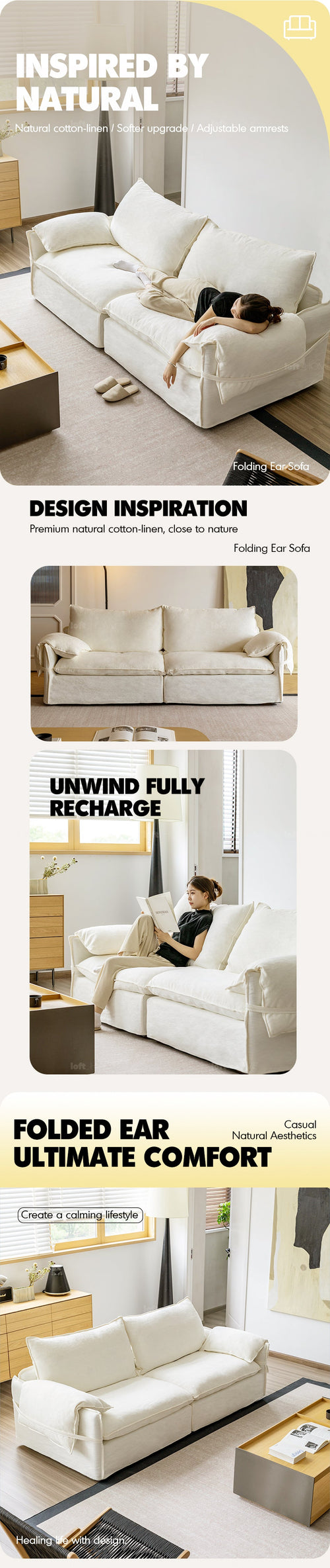 Cream Cotton Fabric 2 Seater Sofa FOLDING EAR Good to Know Preview-1
