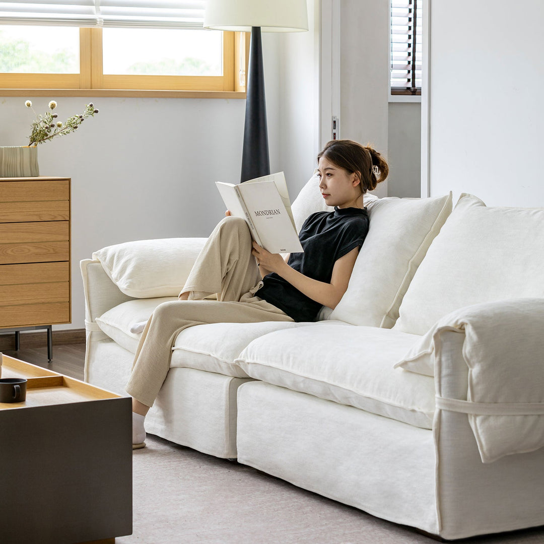 Cream cotton fabric 3 seater sofa folding ear color swatches.