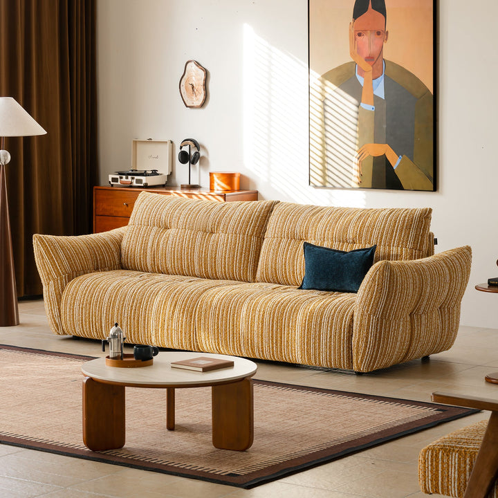 Cream fabric 4 seater sofa mochi in close up details.