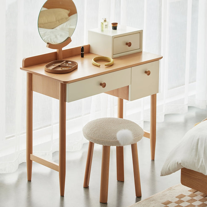 Cream teddy boucle fabric dressing stool amilan in still life.