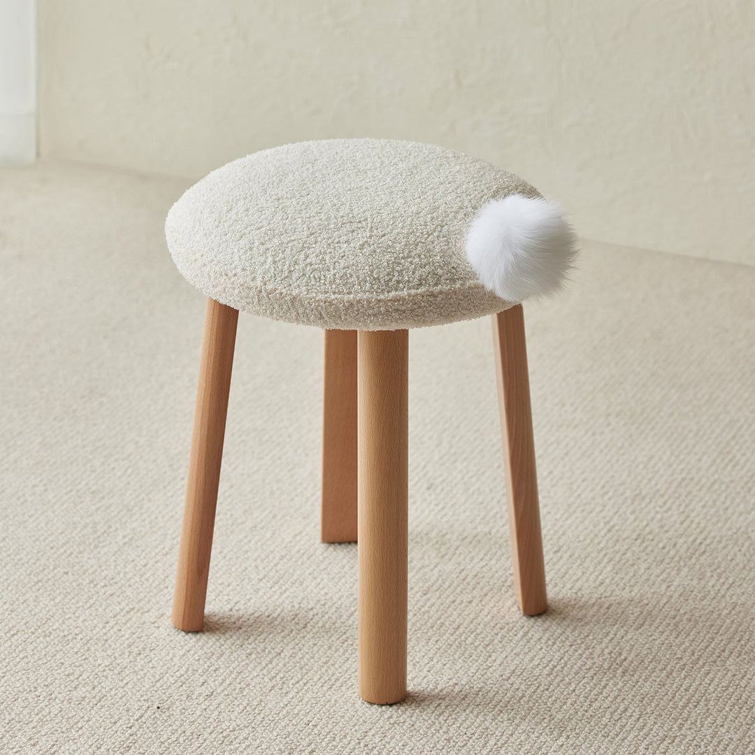 Cream teddy boucle fabric dressing stool amilan material variants.