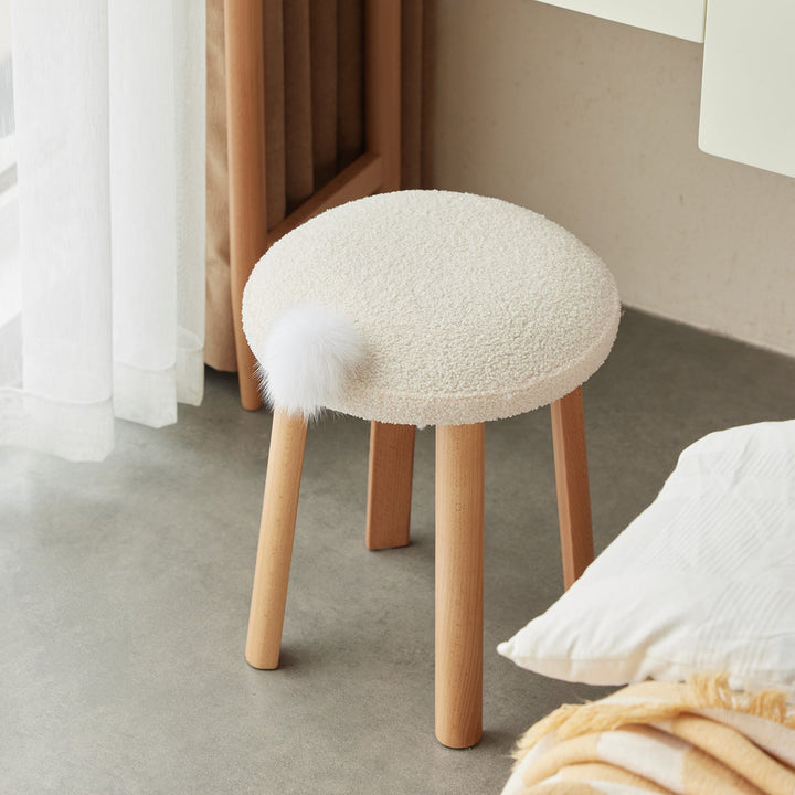 Cream teddy boucle fabric dressing stool amilan in real life style.