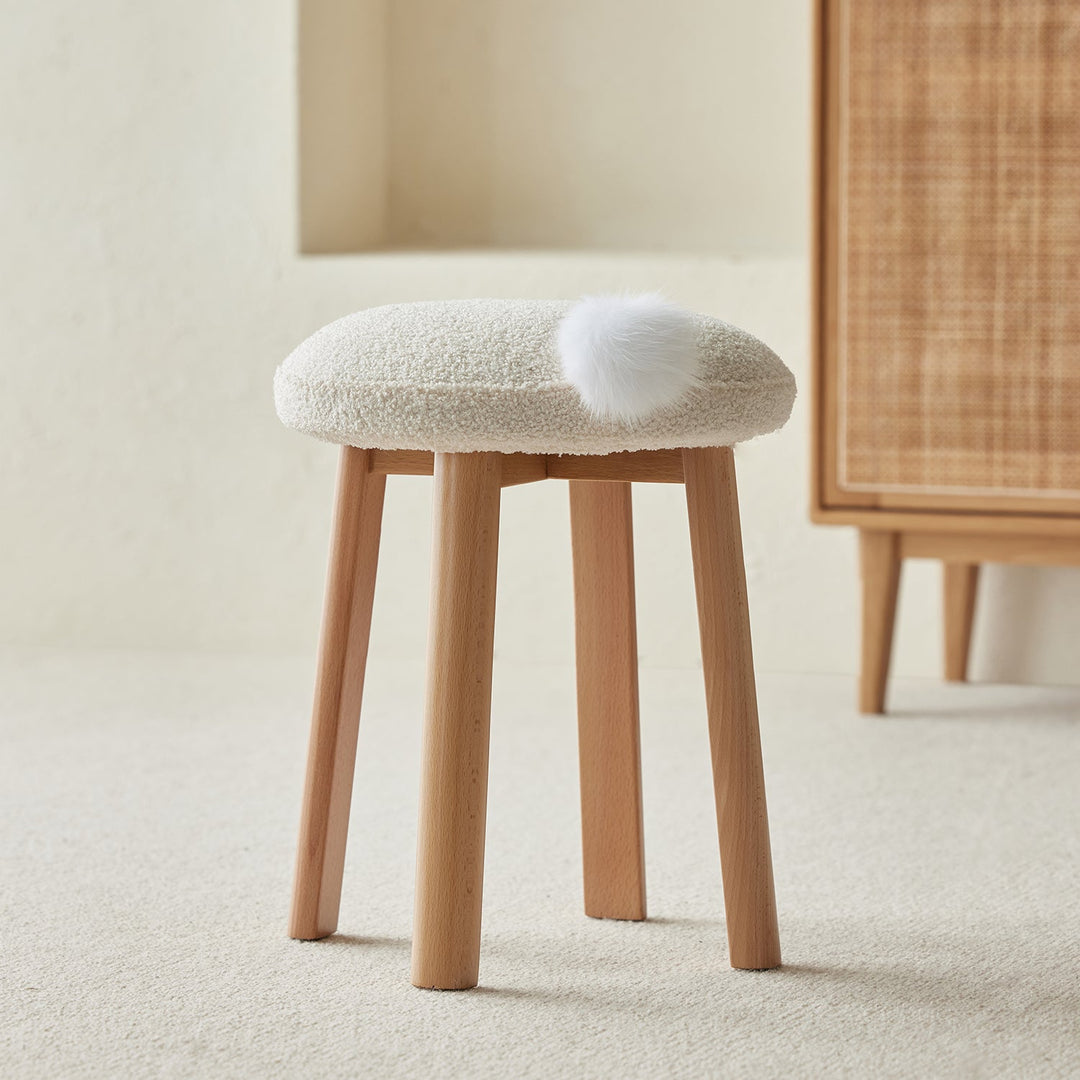 Cream teddy boucle fabric dressing stool amilan in details.