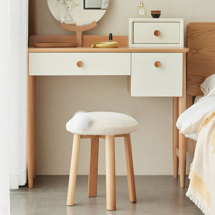 Cream teddy boucle fabric dressing stool amilan in panoramic view.