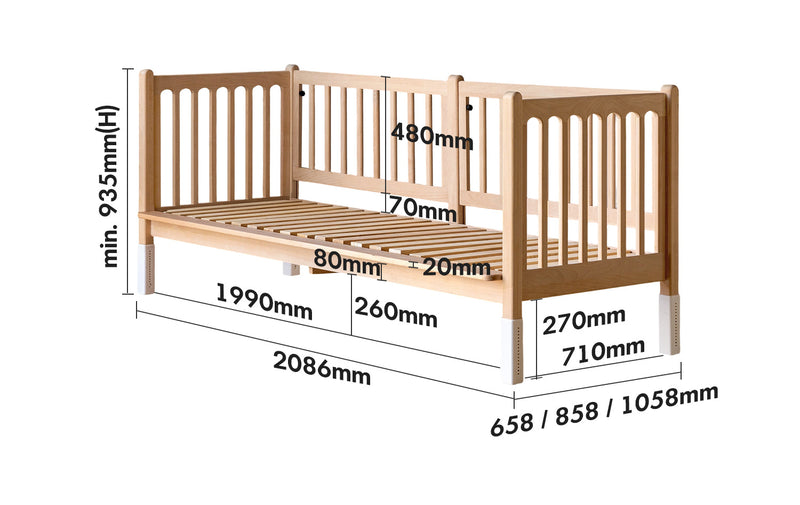 Scandinavian Beech Wood Height Adjustable Kids Sidecar Bed With Mattress Set SOVA Size Chart