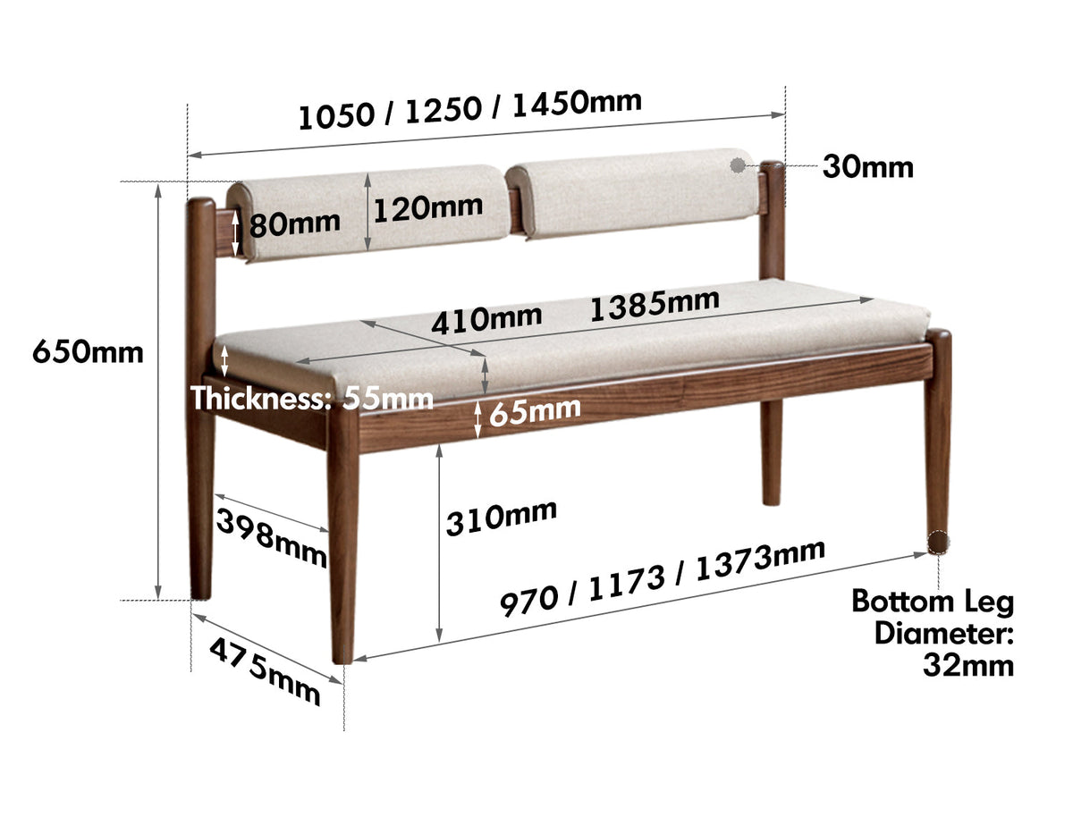 Japandi Oak Wood Mixed Weave Fabric Dining Bench PILLAR WALNUT Size Chart