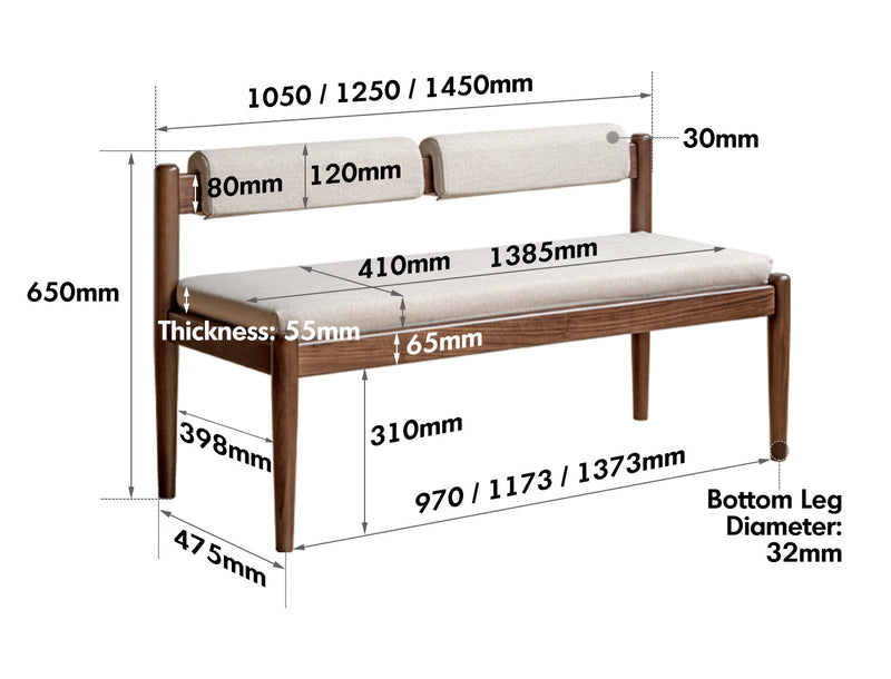 Japandi Oak Wood Mixed Weave Fabric Dining Bench PILLAR WALNUT Size Chart
