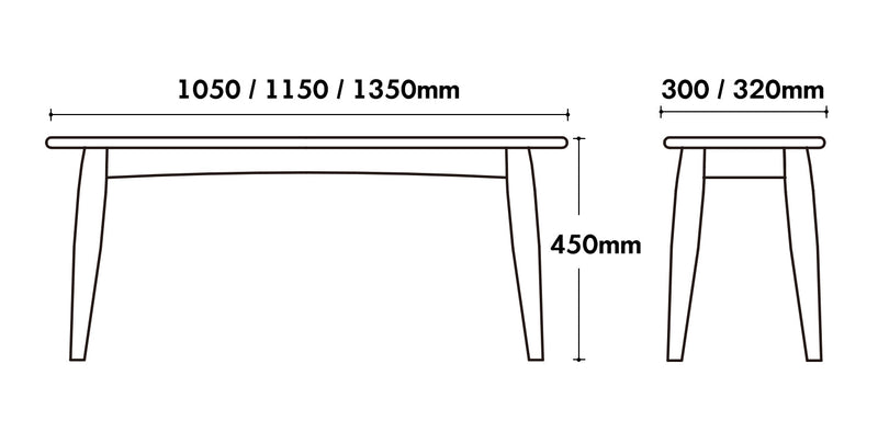 Scandinavian Oak Wood Dining Bench GREEN Size Chart