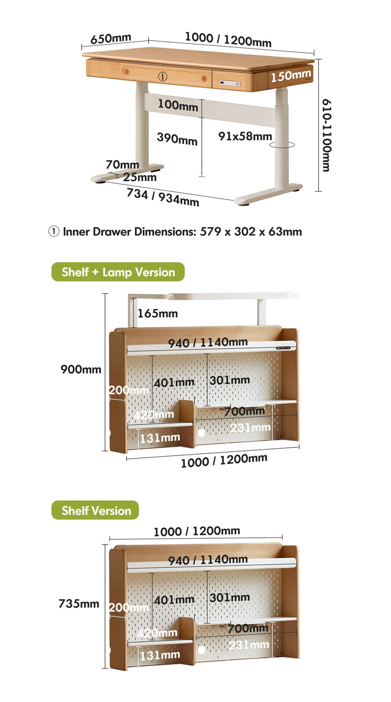 Scandinavian Beech Wood Electric Height Adjustable Kids Study Table With Intergrated LED Light ORBITA Size Chart