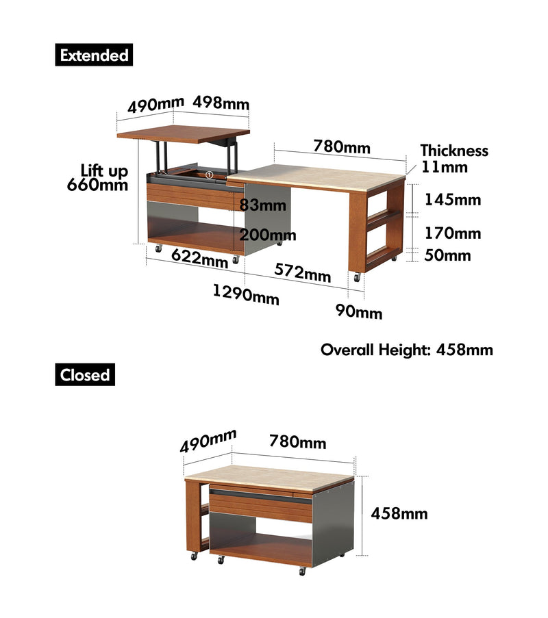 Bauhaus Boxwood Sintered Stone Lift-Up Coffee Table SILVER WING Size Chart