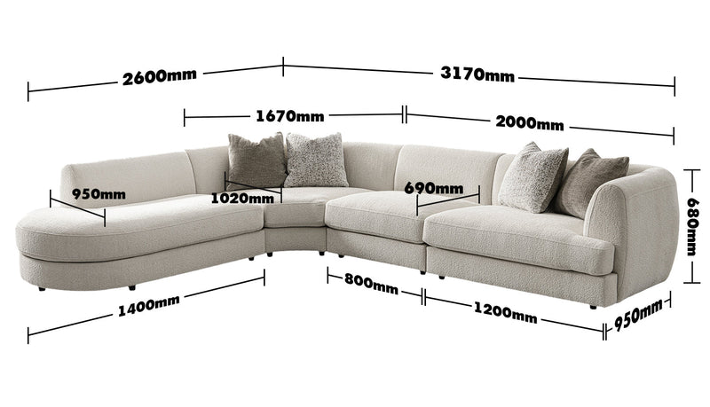 Minimalist Velvet Fabric Modular L Shape Sectional Sofa FABLE 3+L Size Chart