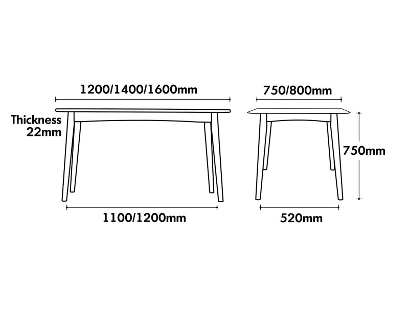 Scandinavian Oak Wood Dining Table GREEN Size Chart