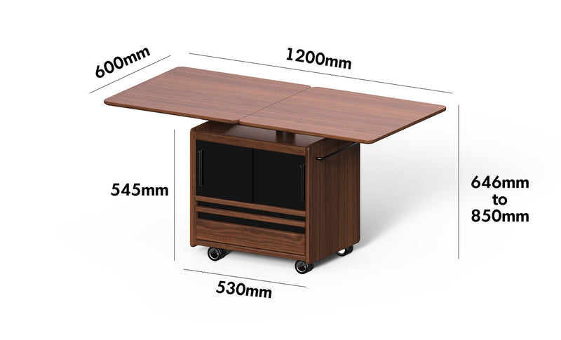 Japandi Walnut Wood Extendable Height Adjustable Coffee Table MIRROR LAKE Size Chart