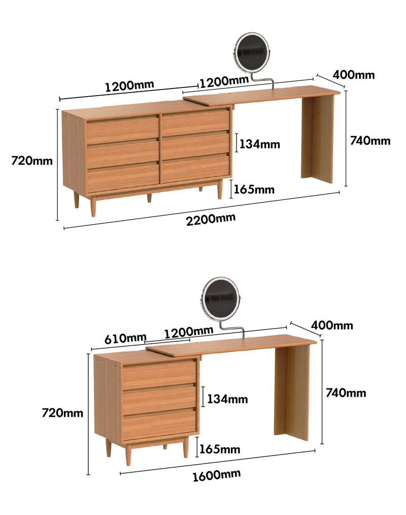 Scandinavian Cherry Wood Dressing Table VISTA Size Chart