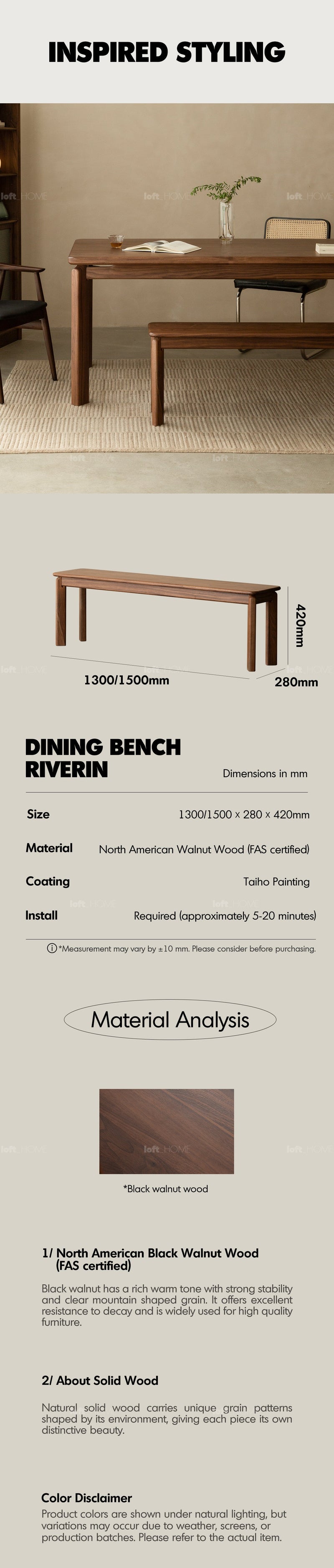 Japandi Walnut Wood Dining Bench RIVERIN More Details and Instruction_4