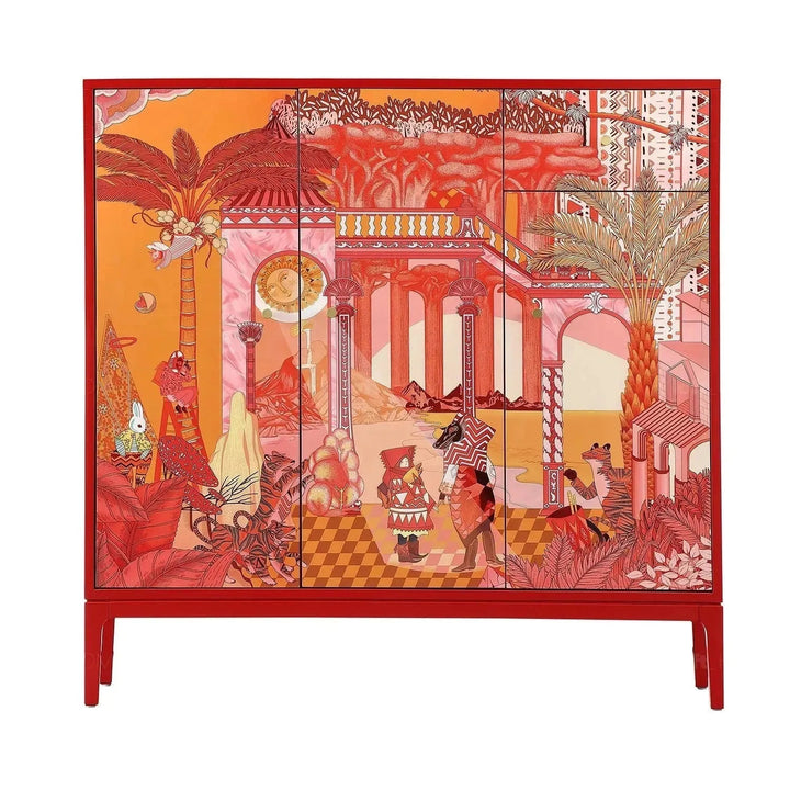 Eclectic wood storage cabinet redhood in details.