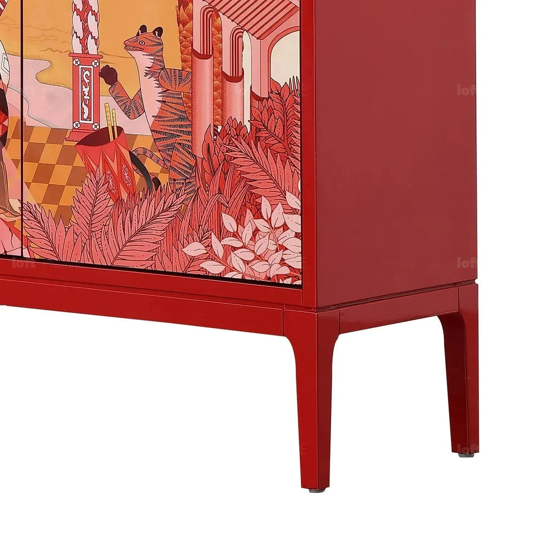 Eclectic wood storage cabinet redhood layered structure.