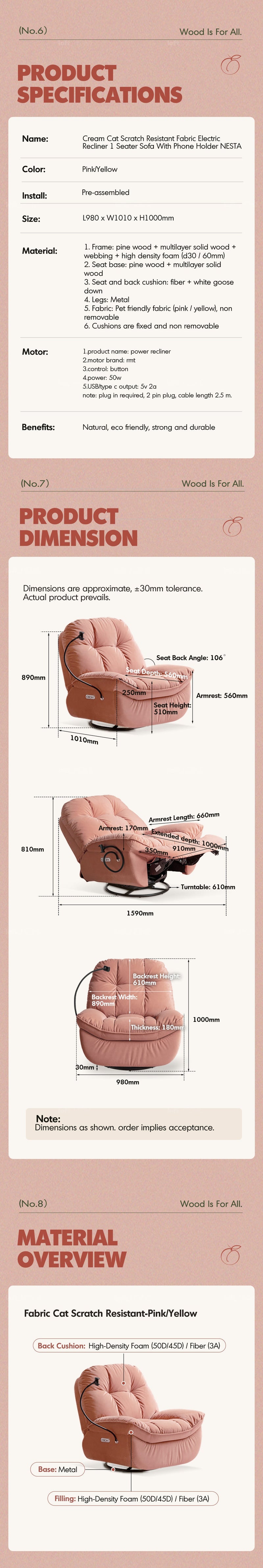 more product details and feature of Cream Cat Scratch Resistant Fabric Electric Recliner 1 Seater Sofa With Phone Holder NESTA