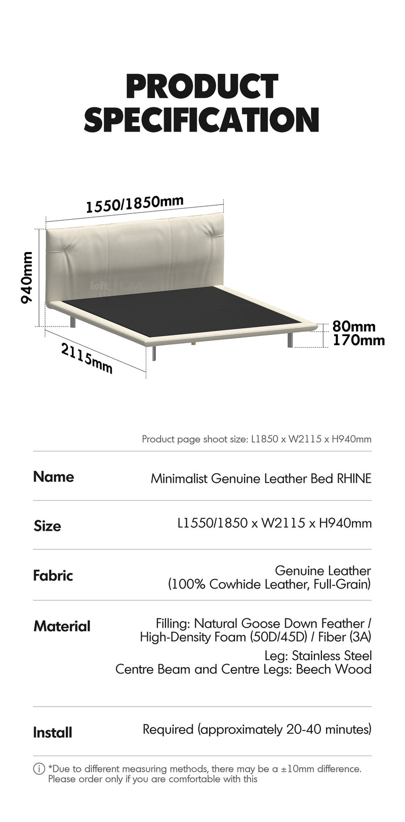 more product details and feature of Minimalist Genuine Leather Bed RHINE