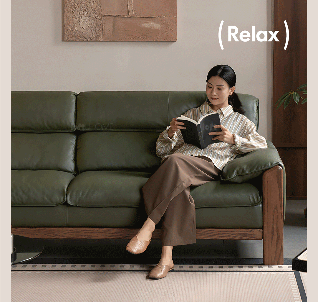 Japandi oak wood genuine leather 4 seater sofa kape material variants.