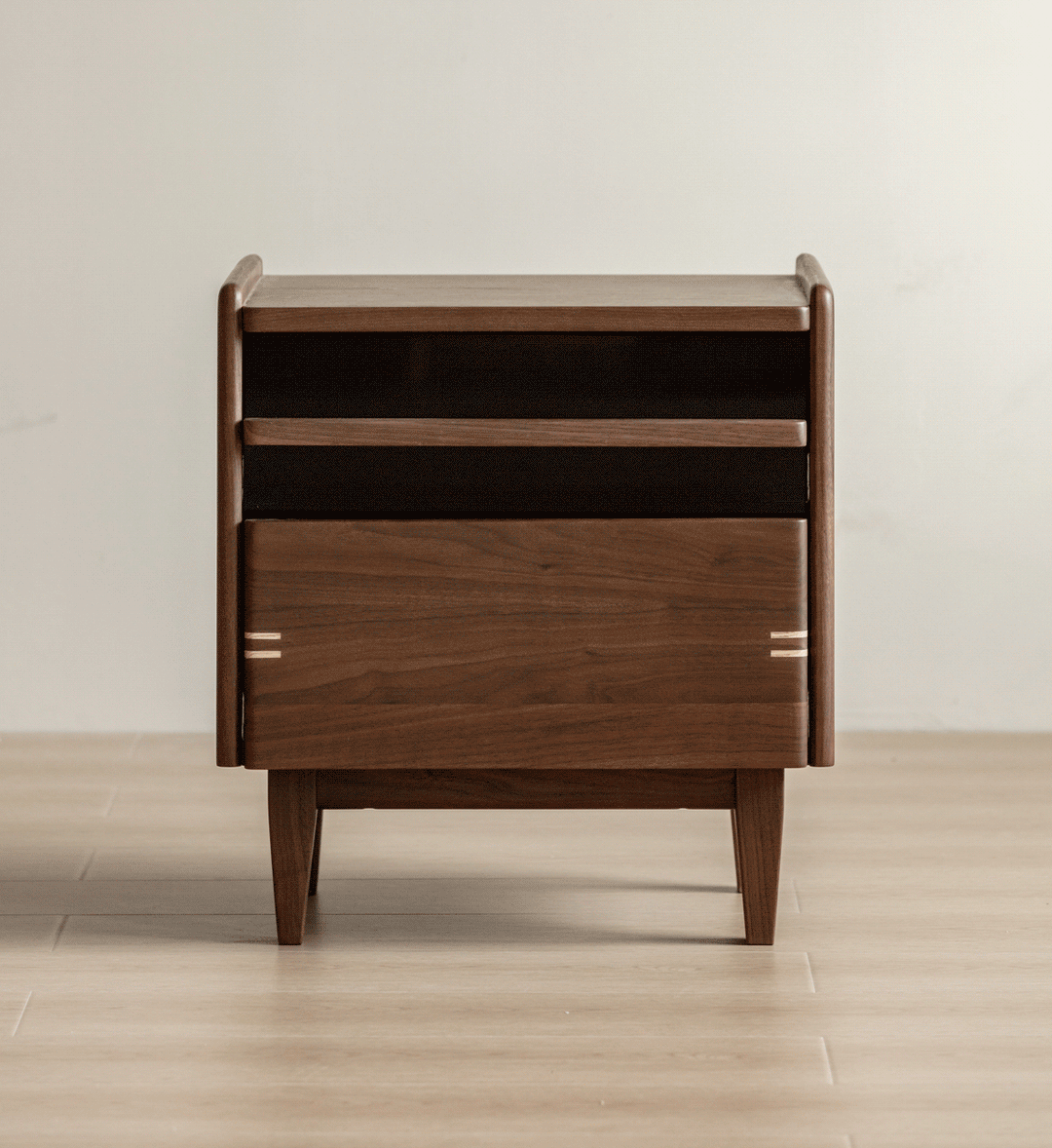 Japandi walnut wood side table dusk in real life style.