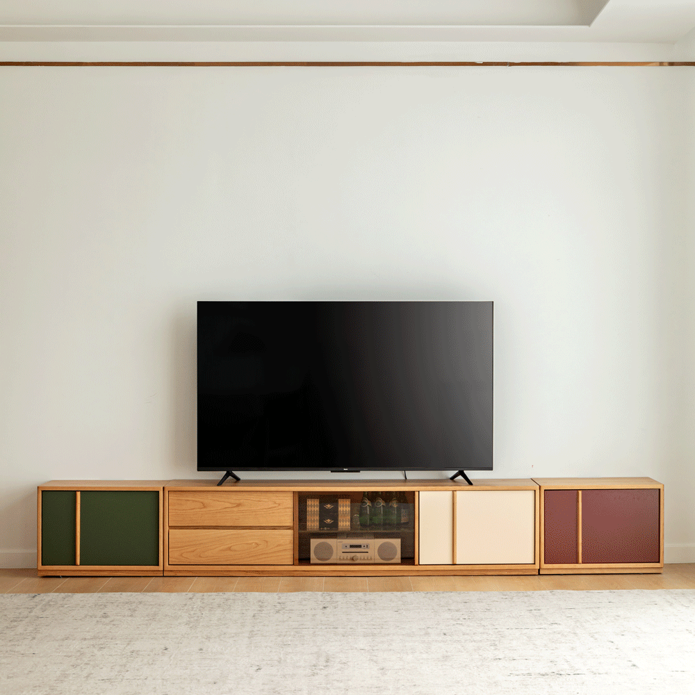 Bauhaus cherry wood tv console time color swatches.