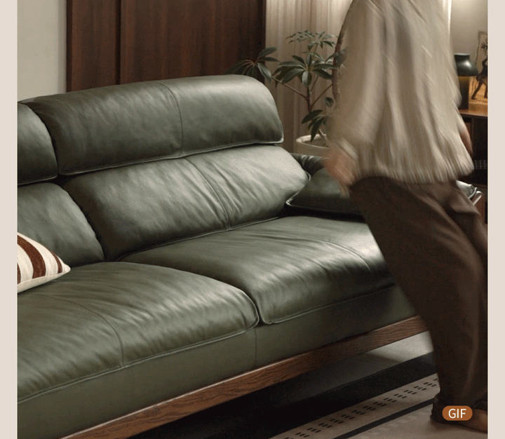 Japandi oak wood genuine leather 4 seater sofa kape with context.
